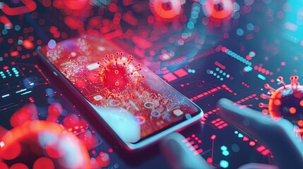 Fototapete - Smartphone alarms indicate a virus threat while users actively engage in protecting their data networks during a digital crisis. Generative AI