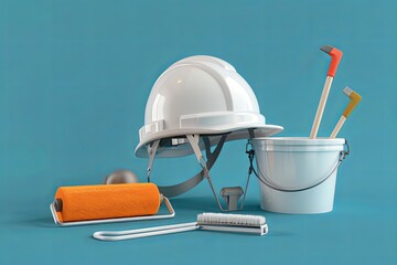 Poster - A white safety helmet, paint roller, paint tray, and bucket are arranged against a blue background. 3D rendering of an apartment renovation concept. Generative AI