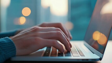 Poster - A close-up of hands typing on a laptop keyboard, suggesting productivity and digital communication.