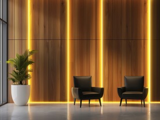 Modern and stylish office waiting area interior design with two black armchairs, a large window, and a wooden wall decorated with LED lights.