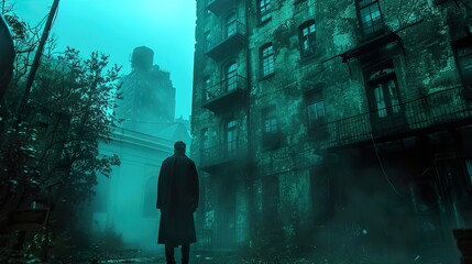 Canvas Print - Mysterious Foggy Cityscape: A Man Walks Through an Abandoned Alley