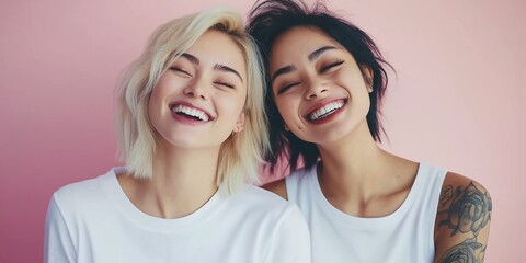 Two women with tattoos on their arms are smiling and posing for a picture. Scene is happy and carefree