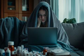 Wall Mural - A woman is sitting on a couch with a laptop on her lap. She is wrapped in a blanket and she is in a state of distress