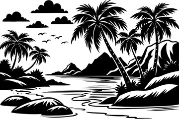  A landscape of a paradise beach silhouette vector icon on white background.