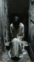 Canvas Print - A Woman's Sorrow: A Portrait of Despair in a Dark Room