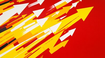 Poster - Dynamic composition of yellow and white arrows on red background, abstract art concept