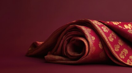 Poster - Folded sari cloth in deep red with golden accents, placed on a minimalist background to focus on the fabric's richness.