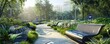 © farhan - A detailed view of a city park with smart benches that monitor air quality and offer free Wi-Fi, surrounded by native plants and automated irrigation systems