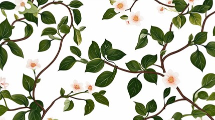 Seamless pattern with white flowers and green leaves on white background.