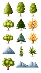 Wall Mural - Set of 12 cartoon trees and mountains.