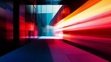 Aufkleber - Futuristic hallway with colorful light streaks, abstract architecture