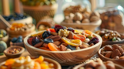 Aufkleber - A vibrant array of dried fruits and nuts is artistically arranged in a rustic bowl placed on a wooden table, perfect for healthy snacking. Generative AI