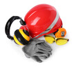 © New Africa - Orange hard hat, earmuffs, goggles, gloves and measuring tape isolated on white. Construction tools