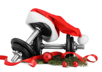 Canvas Print - Dumbbells and Christmas decor isolated on white