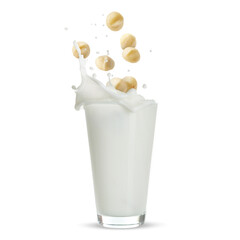 Poster - Macadamia nuts falling into glass of milk on white background