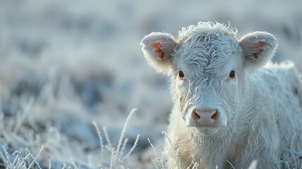 Sticker - Close Up Portrait of a White Calf in a Frosty Field