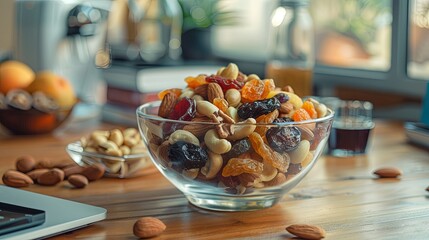 Poster - A delightful mix of dried fruits and nuts is beautifully arranged in a clear bowl, perfect for a healthy snack at home. Generative AI