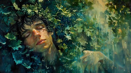 Wall Mural - Man Surrounded by Lush Green Leaves: A Dreamlike Portrait