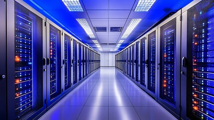 Poster - A long row of server racks lit by blue lights in a modern data center.