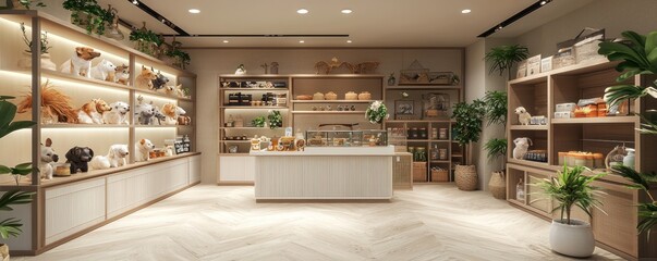 Wall Mural - a luxury pet shop with designer pet accessories, gourmet pet food, and a small spa area for grooming