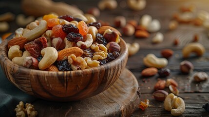Aufkleber - A vibrant mix of dried fruits and nuts is beautifully displayed in a wooden bowl, perfect for a healthy energy boost. Generative AI