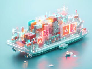 Poster - Futuristic cargo vessels utilizing advanced data driven logistics autonomous cargo handling and hyper efficient supply chain management systems  Featuring a minimalist industrial design