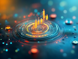 Poster - Detailed macro photograph of a vibrant blue market chart exploring the nuances of market fluctuations through the of classic candlestick depiction financial data visualization economic research