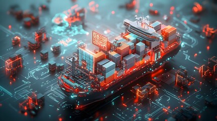 Poster - Futuristic container ships and massive cargo vessels utilizing cutting edge automation and AI driven systems to orchestrate efficient global logistics across vast distribution networks
