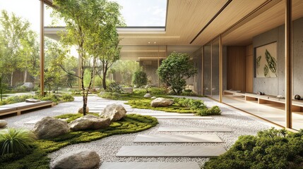 Wall Mural - a modern holistic wellness center with zen gardens, meditation areas, and natural materials creating