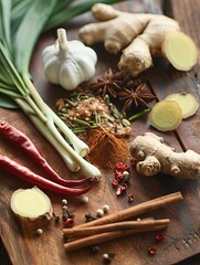 Aufkleber - A colorful array of Asian spices is displayed, showcasing ginger, garlic, chili peppers, star anise, and fresh lemongrass on wood. Generative AI