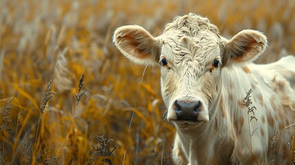 Wall Mural - White Cow in a Field of Golden Grass