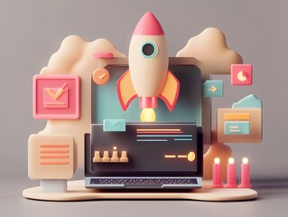 Poster - Futuristic 3D Rendered Startup Scene Featuring a High Tech Laptop Bold Rocket Icon Seamless Development Process and a Palette of Luminous Neon Hues