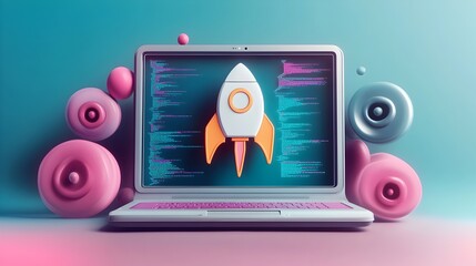 Poster - Futuristic 3D rendered startup concept featuring a sleek laptop device with a rocket icon set in a dynamic coding workspace environment filled with vibrant neon blue pink and purple hues