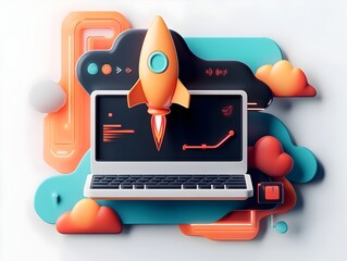 Poster - Futuristic 3D startup concept art featuring a minimalist laptop an ascending rocket symbol a vibrant digital landscape and a striking neon infused aesthetic