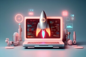 Poster - A captivating 3D interpretation of a futuristic startup concept showcasing a sleek silver laptop prominent rocket icon