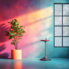 Poster - Futuristic 3D studio environment with vibrant purple gradient backdrop bare floor and wall featuring solitary product stand shadows from window accenting the surface