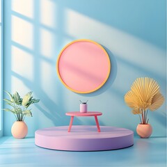 Poster - Vibrant futuristic 3D studio environment featuring a bare floor and wall with a solitary product display stand  accented by shadows from a window and a striking purple gradient backdrop