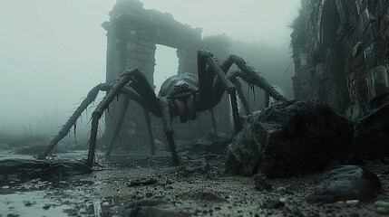 Wall Mural - Giant Spider in Foggy Ruins - Creepy Fantasy Art