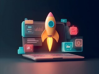 Poster - Futuristic 3D visualization of an innovative startup business plan showcasing a minimalist laptop glowing rocket symbol dynamic digital interface and a bold neon color palette