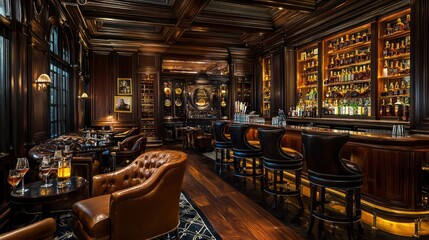Wall Mural - a sophisticated whiskey bar with dark wood paneling, leather club chairs, and a vast selection of ra