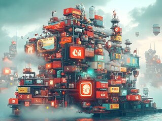 Poster - Towering autonomous container ships employing predictive analytics and smart logistics technology  navigating intricate worldwide trade routes mapped in vivid 3D displays