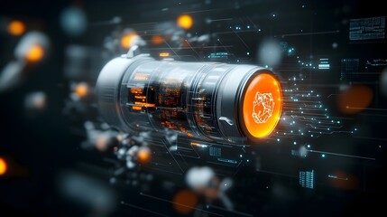 Poster - Intricate 3D model showcasing the of blockchain and DNA based data storage technology within a sleek anatomically precise and futuristic biotechnology concept with metallic textures