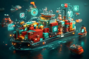 Poster - Colossal imposing futuristic cargo container ships bristling with advanced sensors and automation navigating through intricate networks of maritime trade