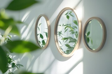 Poster - Three round mirrors hanging on white wall reflecting green plants