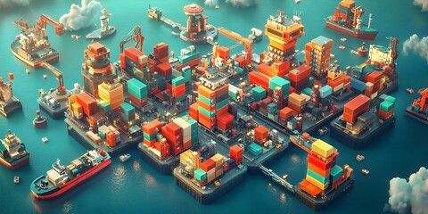 Poster - Futuristic modular cargo container ships and towering autonomous systems in an AI driven global supply chain network with international trade routes and seamless worldwide distribution
