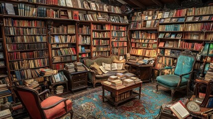 Wall Mural - a vintage bookshop with cozy reading nooks, antique furniture, and shelves packed with rare and used