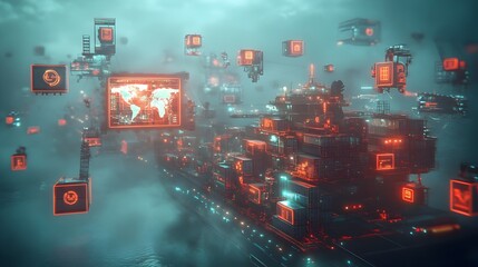 Poster - Futuristic container ships harnessing advanced propulsion and cargo handling technologies with holographic world maps and supply chain data visualizations displayed on sleek touchscreens