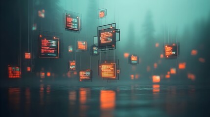 Poster - Futuristic digital landscape featuring floating data cubes glowing wireframe structures and advanced technological innovations