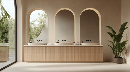 Modern bathroom with wooden cabinets, dual sinks, and arched mirrors on a light background