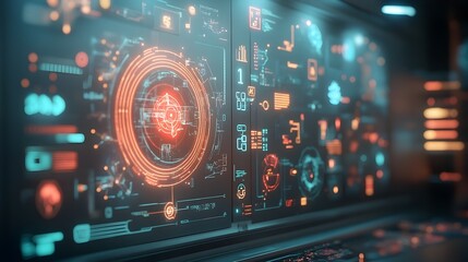 Poster - Immersive futuristic digital environment with sleek intricate holographic projections advanced control panels and data analytics displays  Showcasing the innovation and automation of a high tech